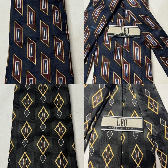 Lot of 2 LEO Geometric Necktie Made in Italy Gold Burgundy Rectangle Diamond - Picture 1 of 12